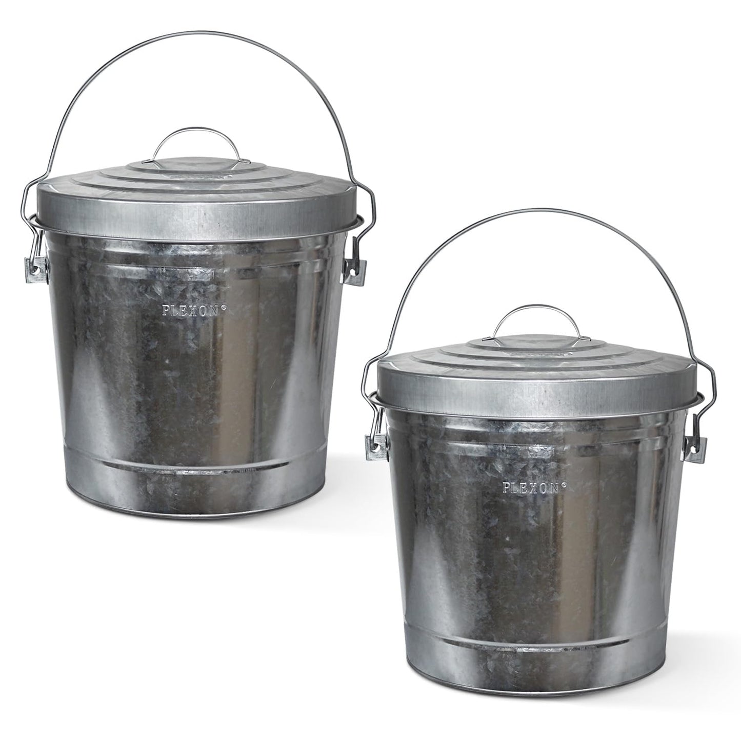 Plexon 6 Gallon Small Metal Trash Can with Locking Lid Galvanized Metal Bucket with Lid for Poultry Feed Bird Seed Storage Ash Outdoor Garbage Trash Bin 2 Pack