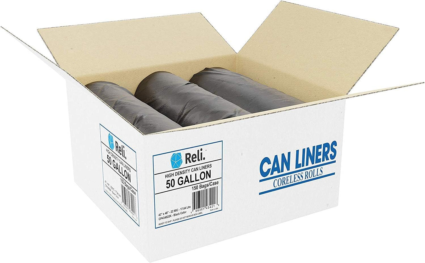 Reli. Premium 50 Gallon Trash Bags | 150 Count | Made in USA | Heavy Duty | Bulk | SuperValue | Black Multi-Use Garbage Bags