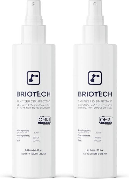 BRIOTECH Sanitizer Disinfectant Hypochlorous Spray, Kill 99.99% of Viruses & Bacteria, Control Mold, Eliminate Odor, Gentle for Nursery & Play Rooms, Food Contact Surface Sanitizer, 8 fl oz (2 Pack)