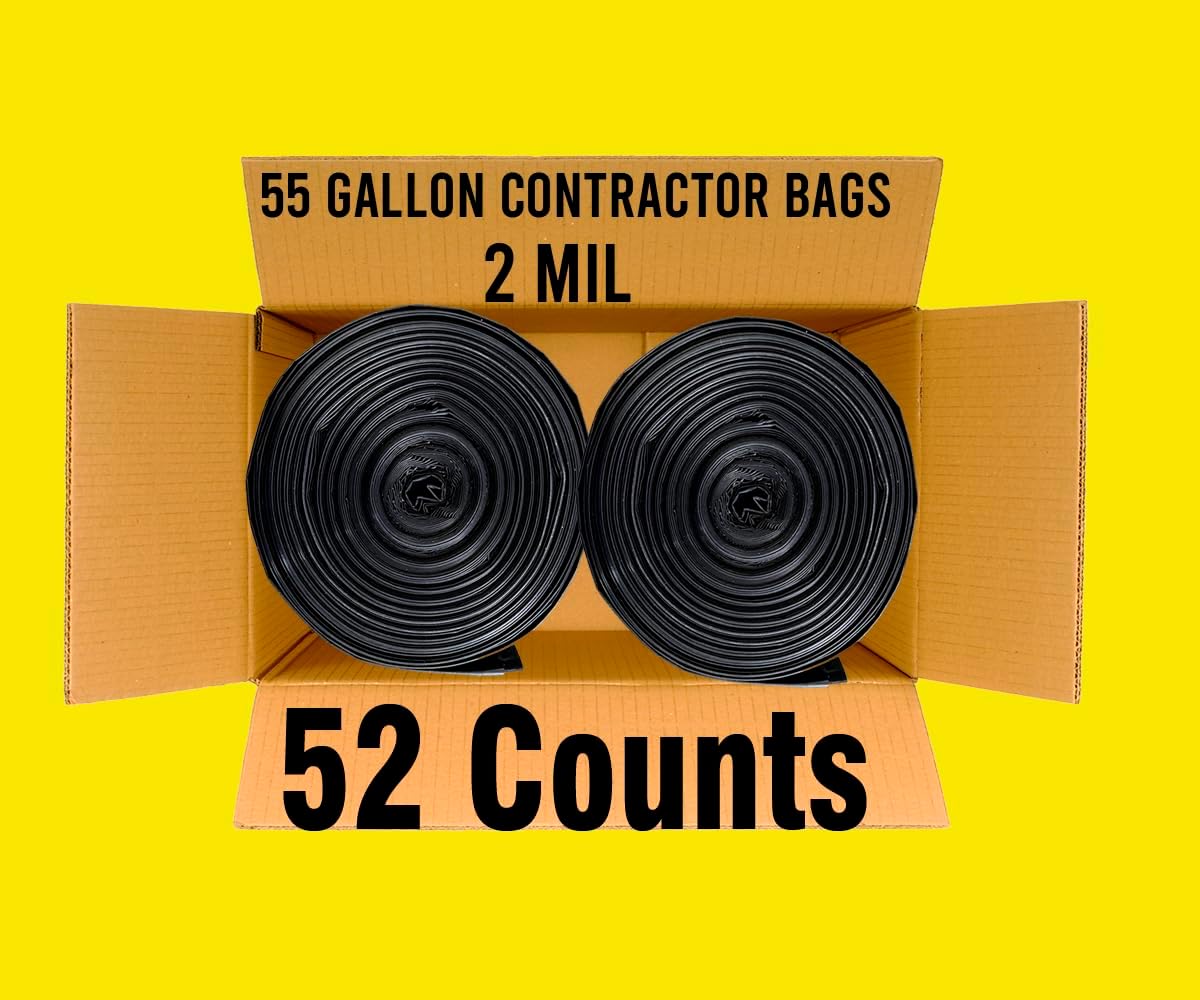 Contractor Heavy Duty Trash Bags 55 Gallon | 52 Count | 2 MIL | 36" X 56" | Large Black Flap Tie Construction Garbage Bags for Business Home Commercial, Industrial, Storage, Outdoor