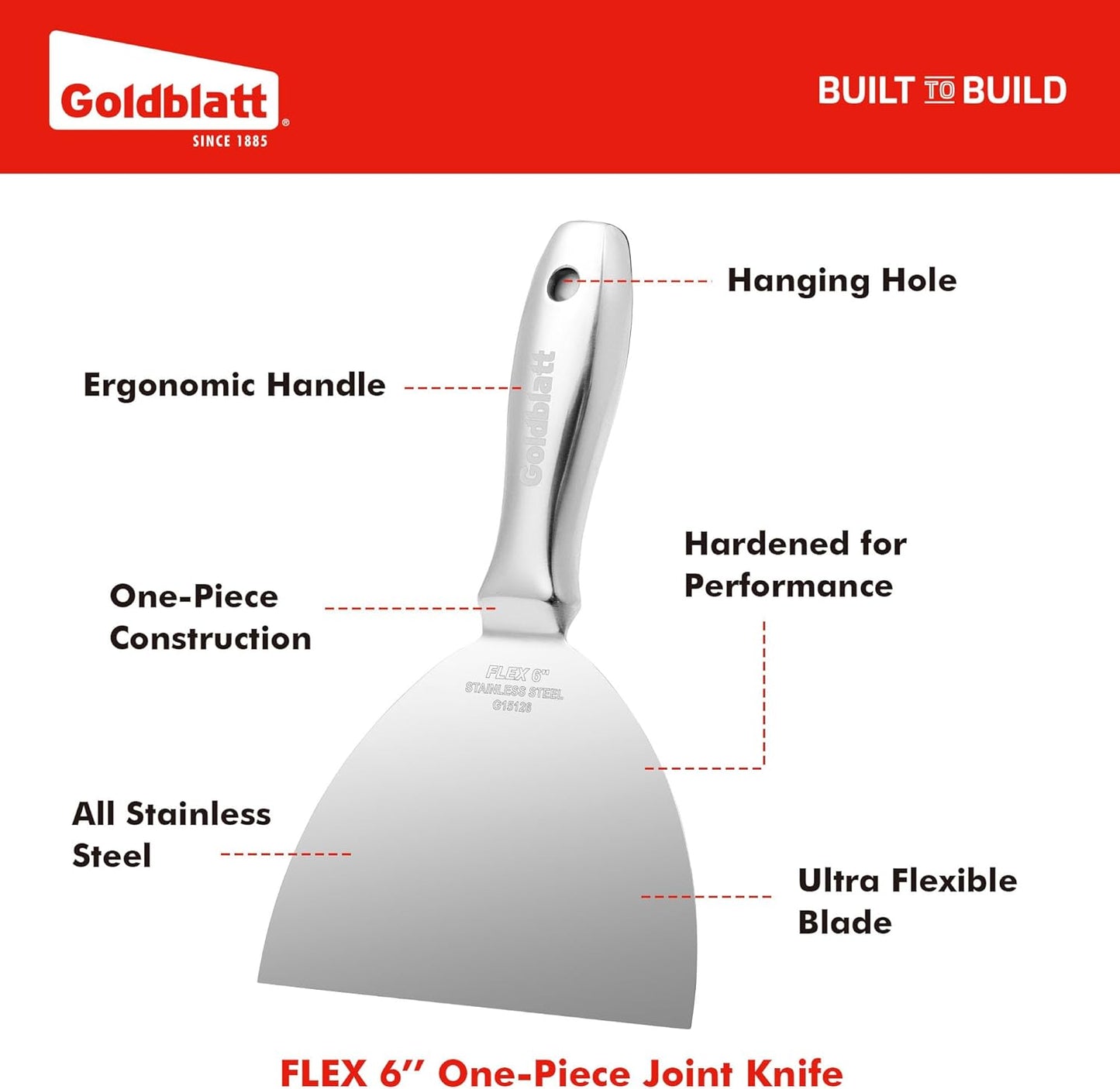Goldblatt 6" Putty Knife, One-Piece Paint Scraper Tool, All Stainless Steel Joint Knife with Flexible Blade, Seamless Design, Metal Ergonomic Handle - for Drywall Repairing, Finishing and Scraping