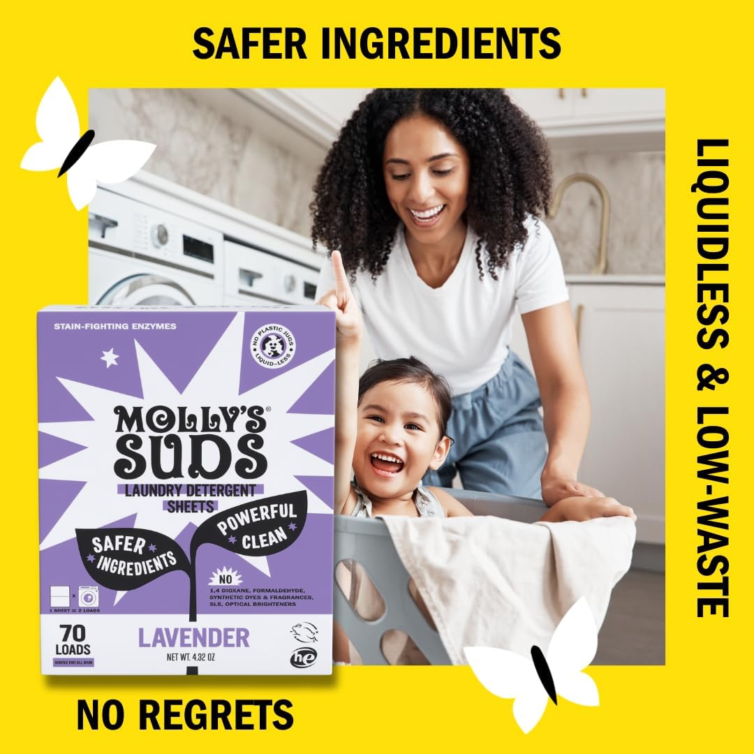 Molly’s Suds Laundry Detergent Sheets | Gentle on Sensitive Skin, Powerful Bio-Based Enzymes, Stain-Fighting | Liquidless & Plastic-Free Packaging | 120 Loads (Lavender)