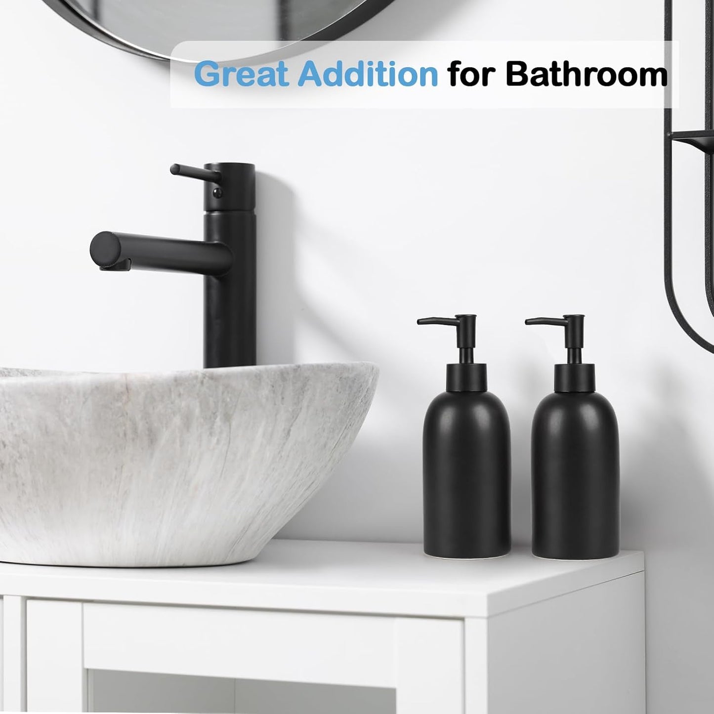 Natheeph 14OZ Ceramic Soap Dispenser Ceramic Soap Pump Dispenser Can Fill Liquid for Bathroom/Kitchen (2PC Black)