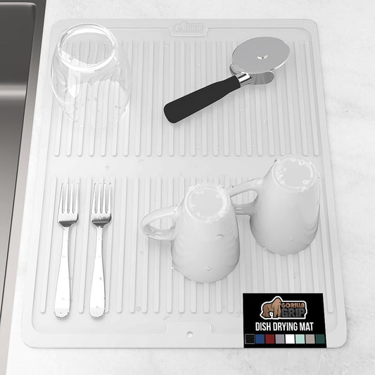 GORILLA GRIP 100% BPA-Free Patented Silicone Dish Drying Mat for Kitchen Counter, 18x16 Inch, Water Catching Ribbed Design, Easy Clean Waterproof Sink Liner, Heat Resistant, Fits Under Rack, White