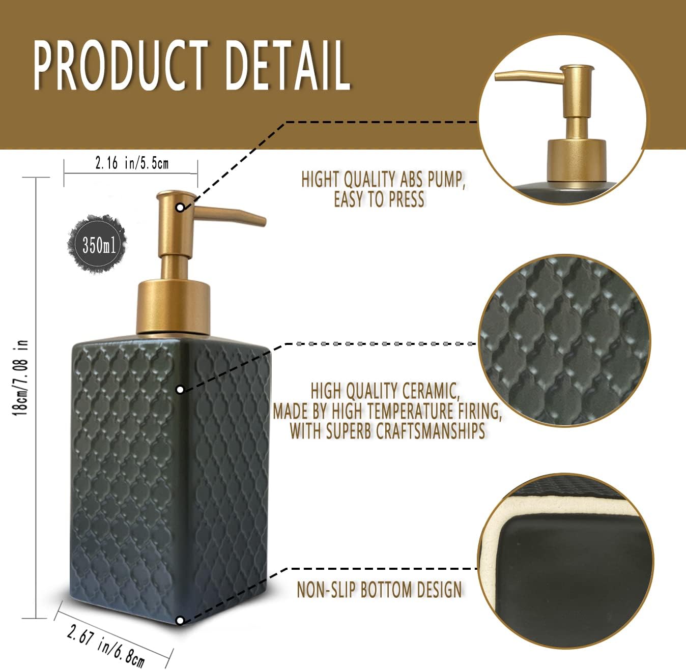 Gold Soap Dispenser for Bathroom,Retro Black Square Lotion Dispenser, Refillable Countertop Ceramic Hand Soap Dispenser,Dish Soap Dispenser for Kitchen 350ml