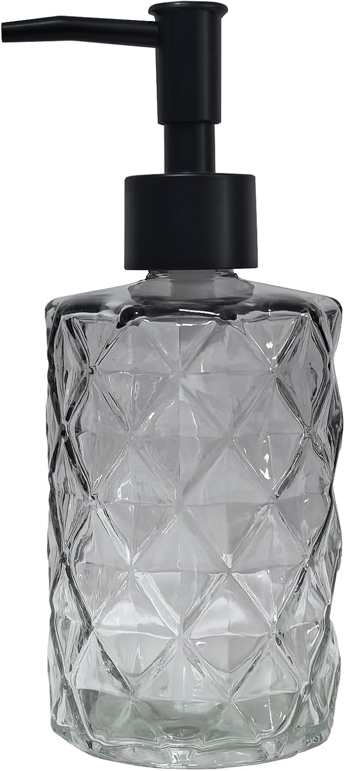 Crystal Glass Soap Dispenser, 12oz Gradient Grey Bathroom Hand Dispenser, Lotion Dispenser with Black Plastic Pump for Modern Home Decor, Kitchen Countertop, Hotel