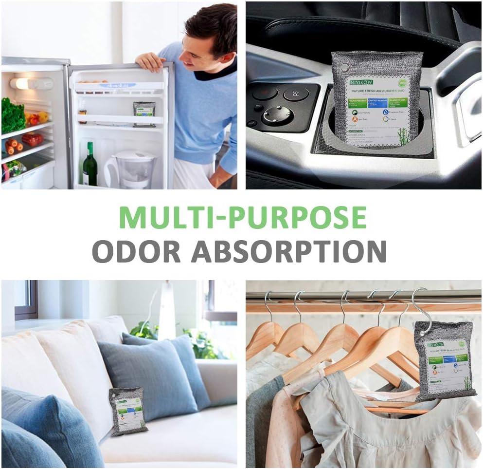 NIYIKOW Charcoal Bags Odor Absorber (Large, 4Pack x 200g), Nature Fresh Bamboo Charcoal Air Purifying Bags, Activated Charcoal Odor Absorber for Home, Car, Closet, Pets, Basement Odor Eliminator -Grey