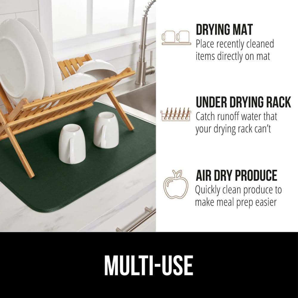 GORILLA GRIP Ultra Water Absorbent Microfiber Dish Drying Mat, 18x32, Quick Dry Thick Mesh, Slip Resistant Pad for Sink Dishes or Under Rack, Kitchen Counter Accessories, Machine Wash, Hunter Green