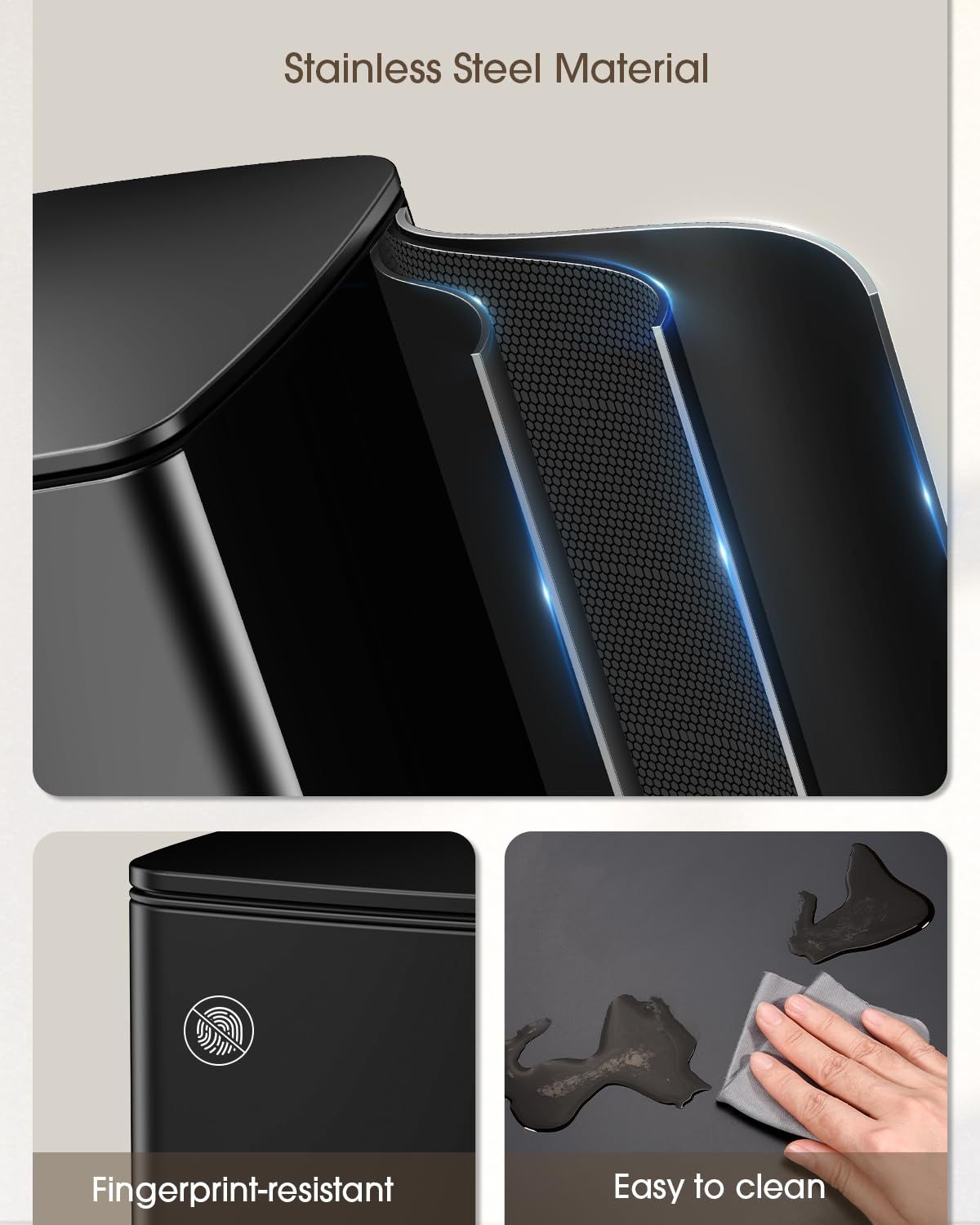 Lovewind Kitchen Trash Can with Lid, 8 Gallon/30 L Footstep Garbage Can for Kitchen Bedroom Home Office, 30 Liter Trash Bin Brushed Stainless Steel Waste Bin with Soft-Close Lid,Black