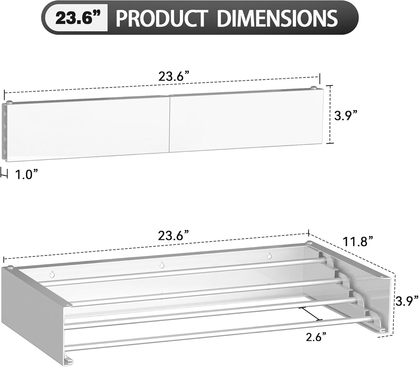 FOCHIER F Laundry Drying Rack Wall Mounted Clothes Drying Rack Collapsible with 4 Aluminum Rods and Drilling Template Long Screwdriver Bit 60 lbs Capacity (White, 23.6")