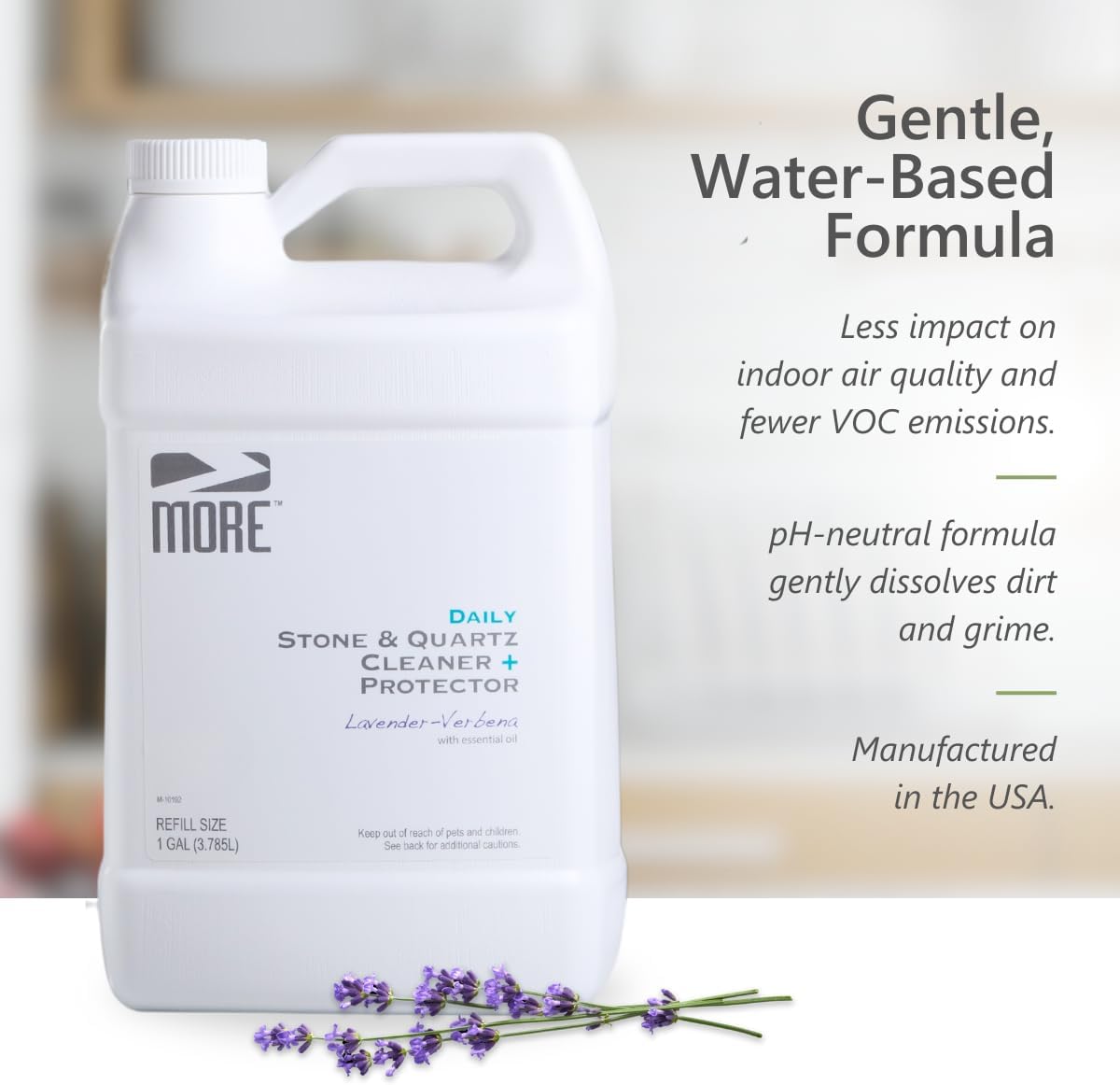 MORE Stone & Quartz Cleaner + Protector - Granite, Quartz & Marble Cleaner - For Kitchen & Bathroom Countertops - Water-Based Surface Spray Refill - Lavender-Verbena Essential Oil - Gallon (128oz)