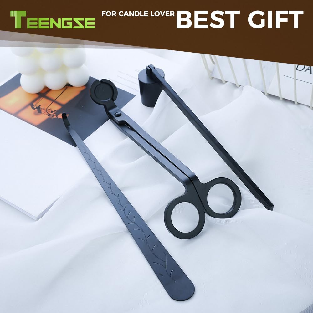 3 in 1 Candle Accessory Set, Candle Wick Trimmer, Candle Wick Snuffer, Candle Wick Dipper Beautiful Box for Candle Lover (Black)