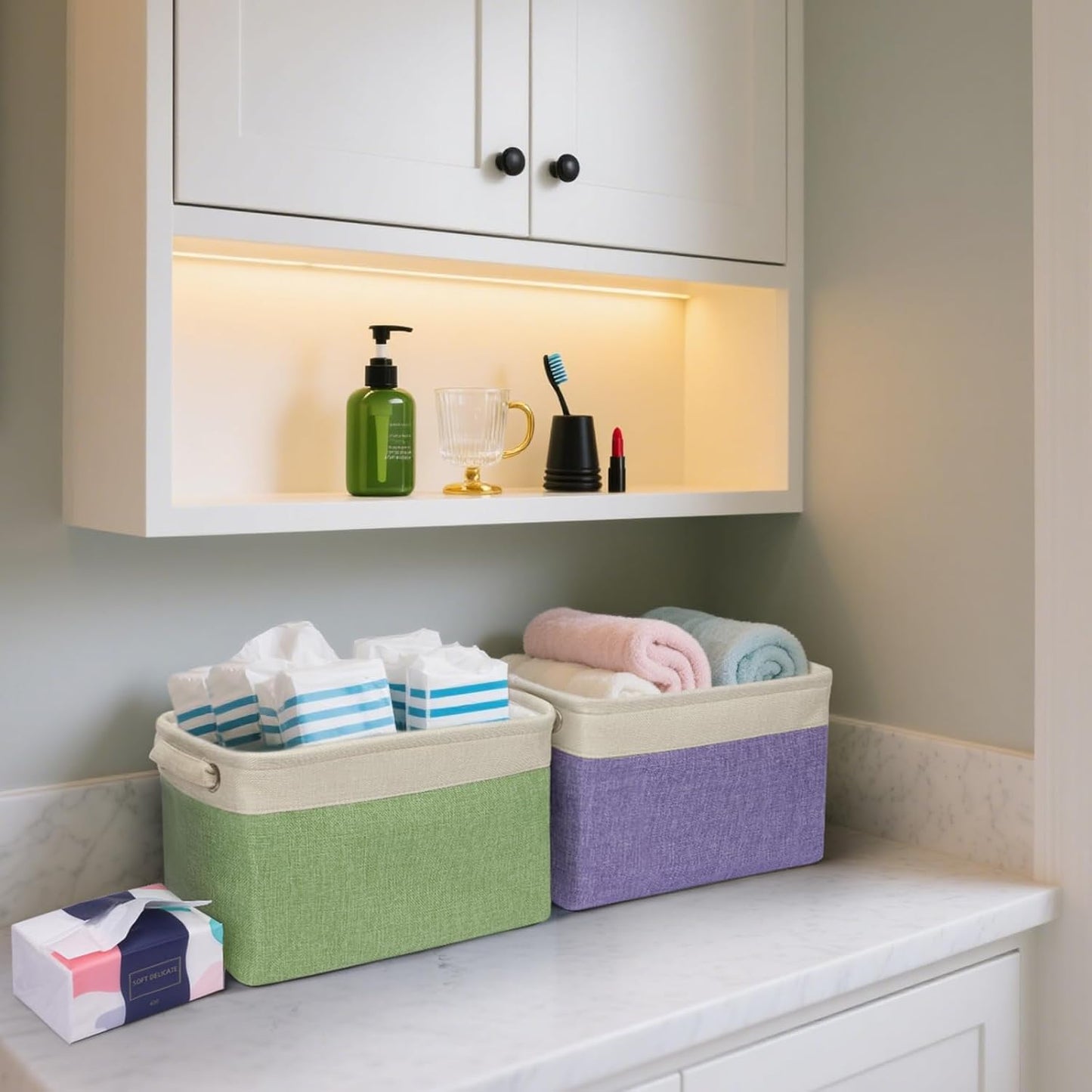 BALEINE 3 Pack Fabric Storage Bins for Shelves, Linen Storage Baskets for Organizing, Decorative Closet Bins for Clothes, Home (Pink, 12"x8"x8")