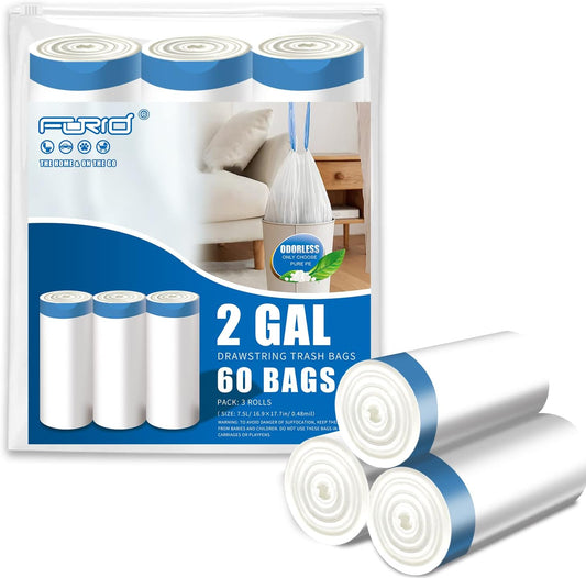 FORID Mini Drawstring Trash Bags - 2 Gallon Small Bathroom Garbage Bags White Plastic Trash Can Liners Disposable Unscented Wastebasket Bags 60 Count for Office bedroom Home 7.5 Liter