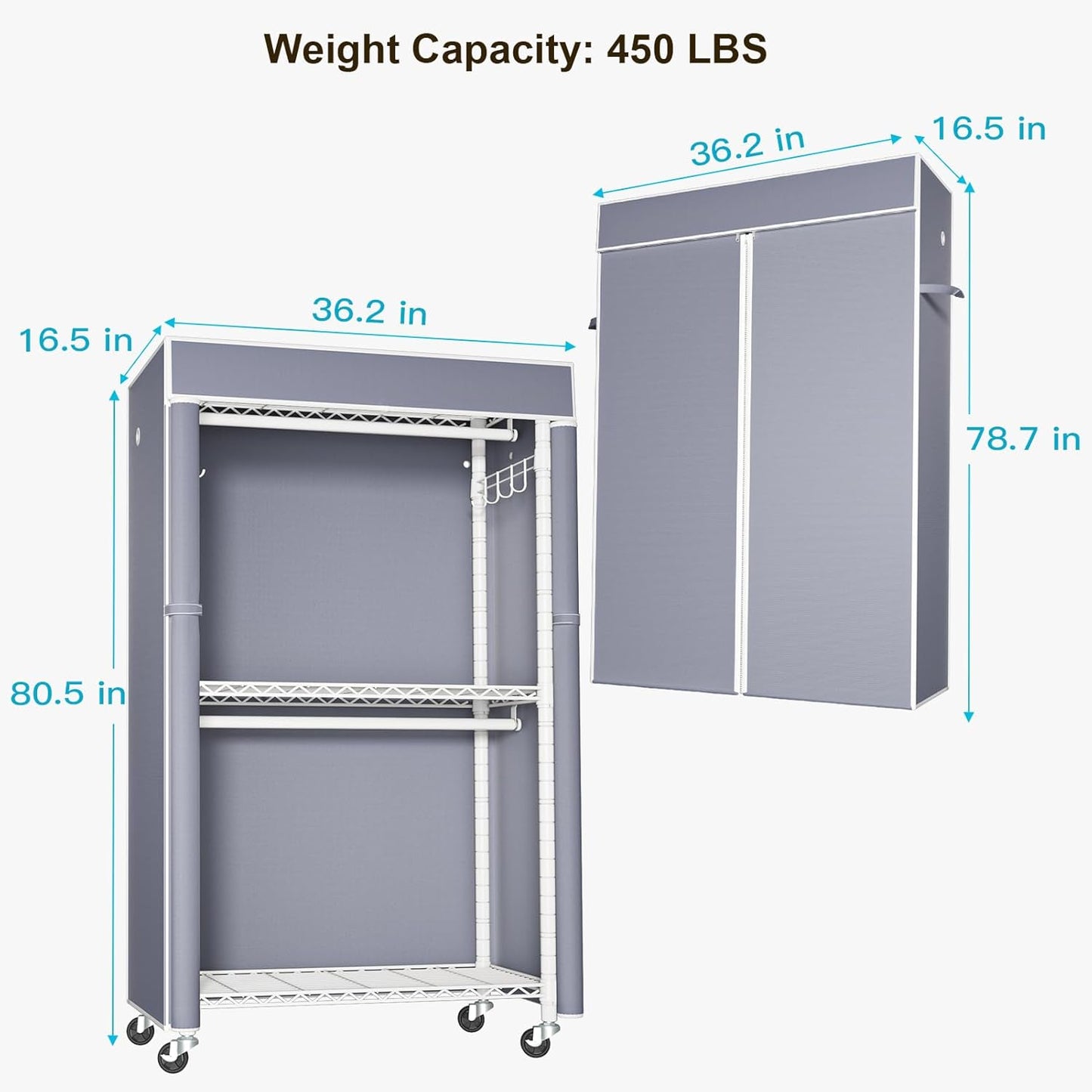 FUTASSI White Clothing Rack with Grey Cover, P1C Rolling Closet Rack with Wheels, Metal Garment Rack for Hanging Clothes, Clothing Storage Wardrobe, 36.2" W x 16.5" D x 80.5" H, Load 450 Pounds