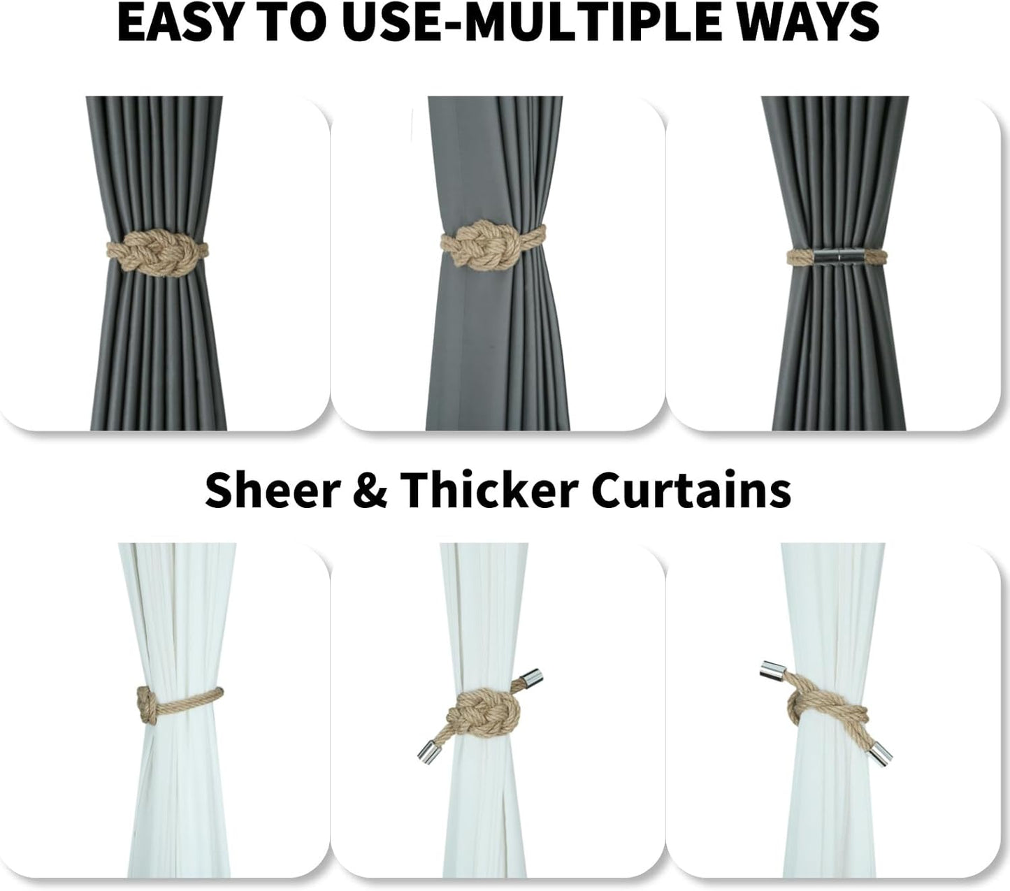 4 Pack Natural Jute Magnetic Curtain Tiebacks, Boho Rustic Style Decorative Curtain Ties Backs for Home & Office Drapery