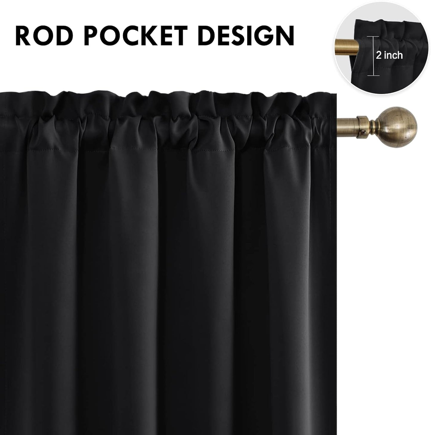 DWCN Blackout Curtains Room Darkening Thermal Insulated Bedroom Curtains Window Curtain Panels, 52 x 54 inches Long, Set of 2 Black Rod Pocket Drapes