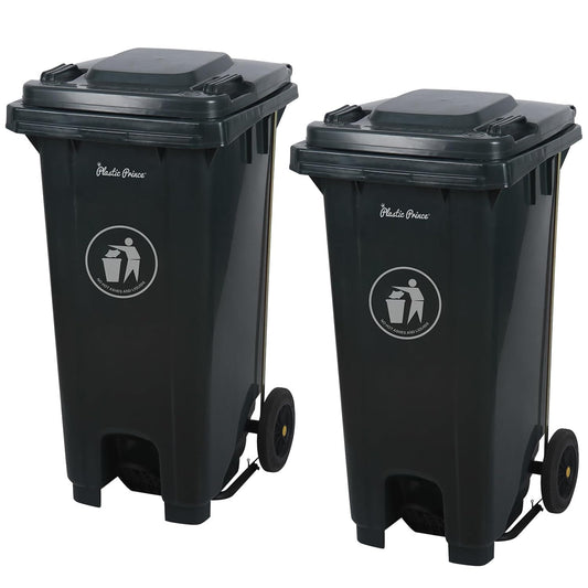 32 Gallon Step-On Large Outdoor Trash Can with Lid and Wheels - Outside Plastic Rolling Garbage Can - Rollout Commercial Heavy-Duty Container Barrel, Gray 2 Pack