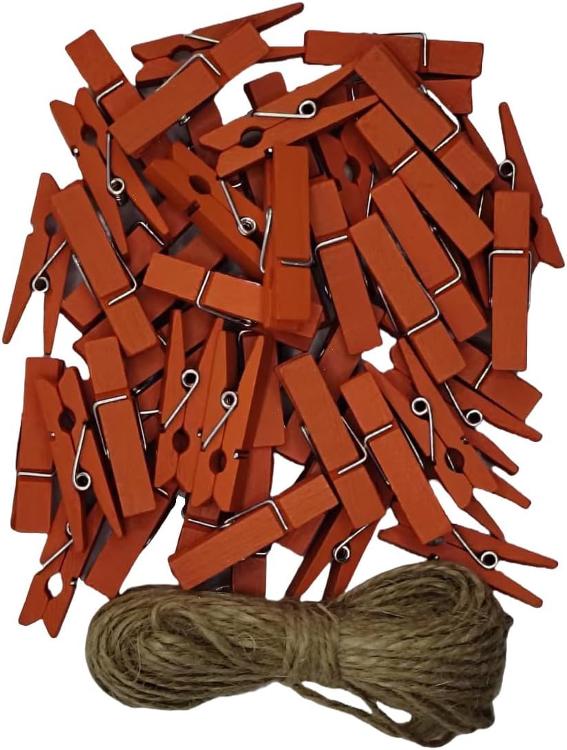DurReus 50 Pieces DIY Mini Color Wooden Clothespins Home Decoration Hanging Craft Clips Photo Holder Paper Peg Jute Twine Clothing Line Orange