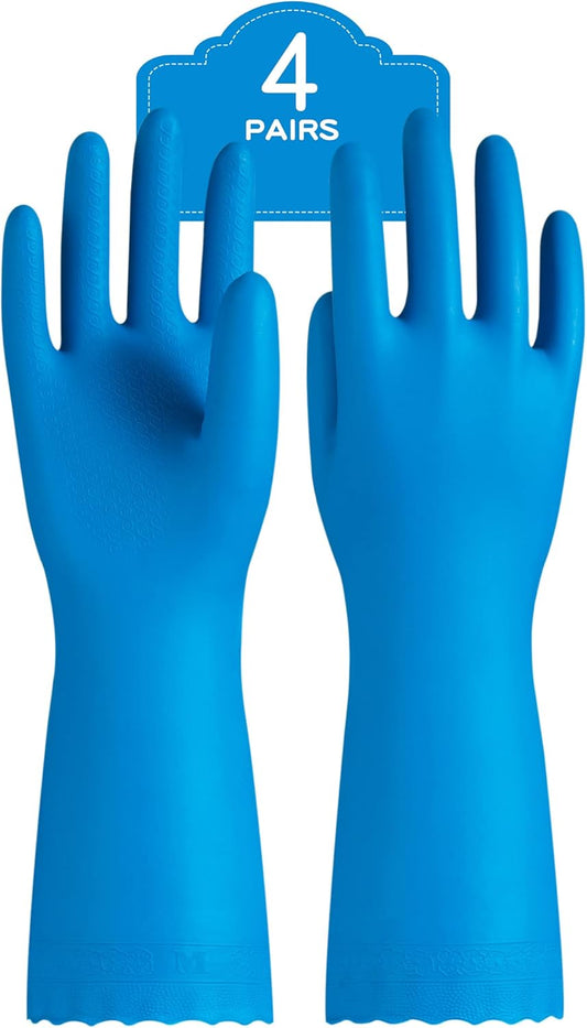 PACIFIC PPE 4 Pairs Reusable Dishwashing Cleaning Gloves, Household, Kitchen, Cotton Liner, Blue, Small