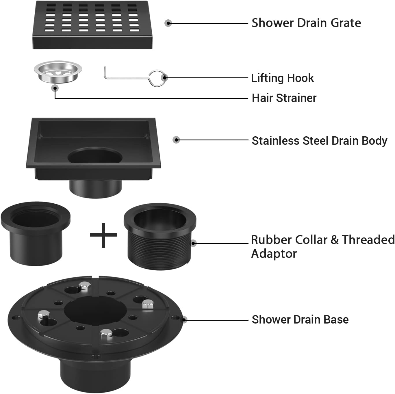 4-3/8 Inch Shower Drain Matte Black, Square Bathroom Floor Drain, Stainless Steel Drain Kit with Flange, Removable Grid Cover, Hair Strainer