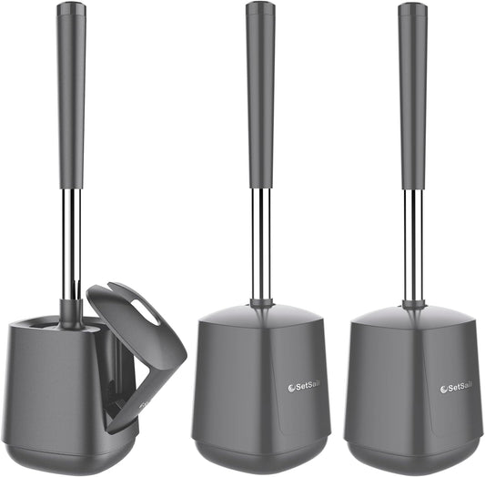 SetSail Toilet Brush and Holder 3 Pack, Self Closing Lid Toilet Bowl Brushes Holder Extra Long Handle Ventilated Toilet Brush Set for Bathroom Cleaning, Nylon Bristles, Grey