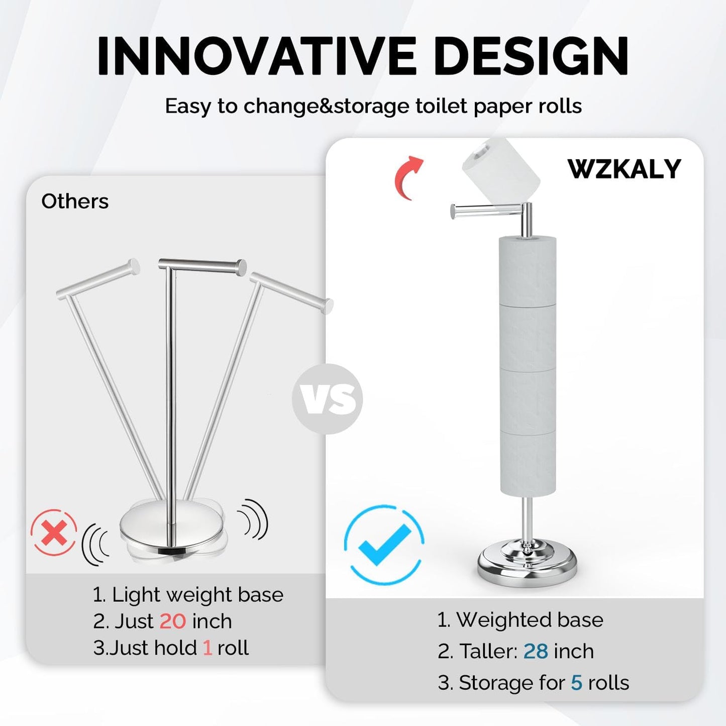 Freestanding Toilet Paper Holder Stand with Storage – Holds 4 Extra Rolls – Chrome Toilet Paper Holder for Bathroom – Sturdy Base, Classic Retro Style, Space-Saving Bathroom Storage Organizer