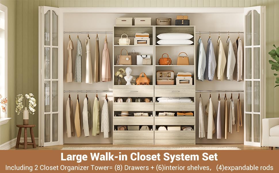 Aheaplus Closet System, 6-15Ft Closet Organizer with 8 Wooden Drawers, Wood Closet Organizer System with Tower, Walk-in Closet Organizer Wardrobe Garment Clothes Rack with 4 Hanging Rods, White Oak