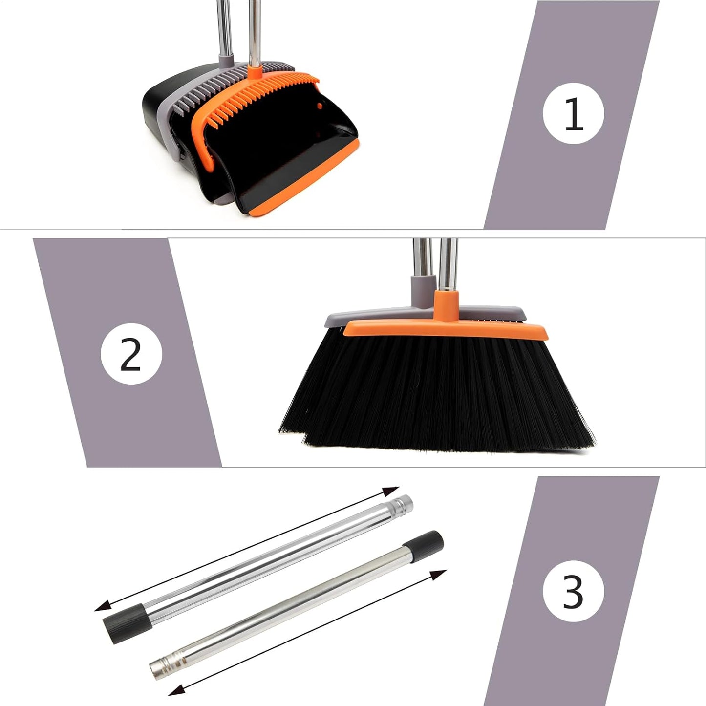 Broom and Dustpan Set, Dustpans with Broom Combo for Home, Heavy Dust Broom and Dustpan Combo, Long Handle Dust Pan and Broom Set for Kitchen, Office, Pet Hair, Charcoal Color, Pack of 1