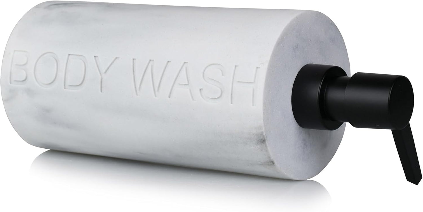 White Body Wash Dispenser Luxurious Refillable Pump Bottle with Embossed Text, Durable Construction for Bathroom and Kitchen