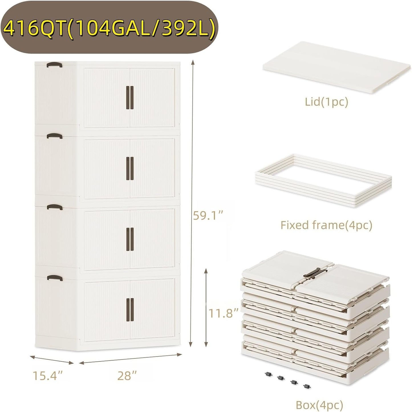 Stackable Storage Bins with 1 lid Stackable Storage Drawers for Clothes, Collapsible Stackable Storage Bins for Clothes, Home, Office (4 tiers)