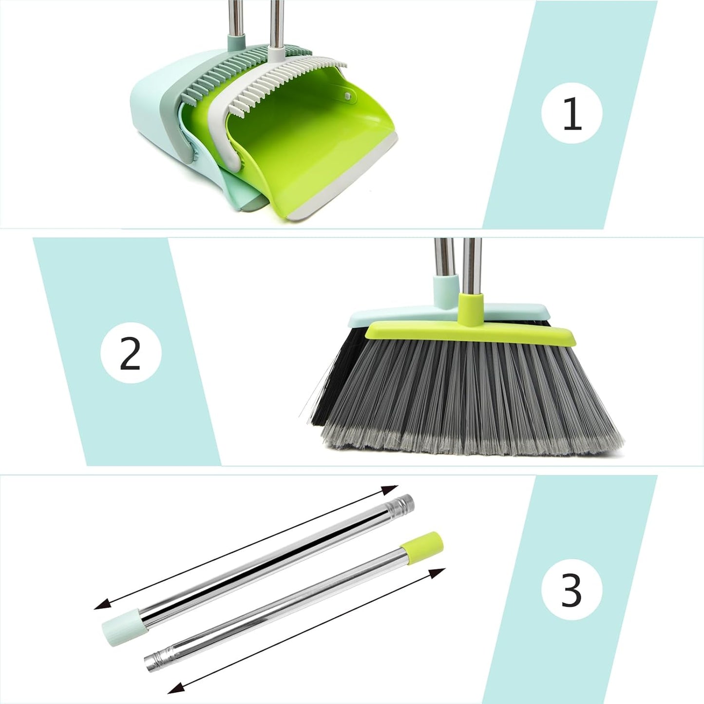 Broom and Dustpan Set, Dustpans with Broom Combo for Home, Heavy Dust Broom and Dustpan Combo, Long Handle Dust Pan and Broom Set for Kitchen, Office, Pet Hair,Green, Pack of 1
