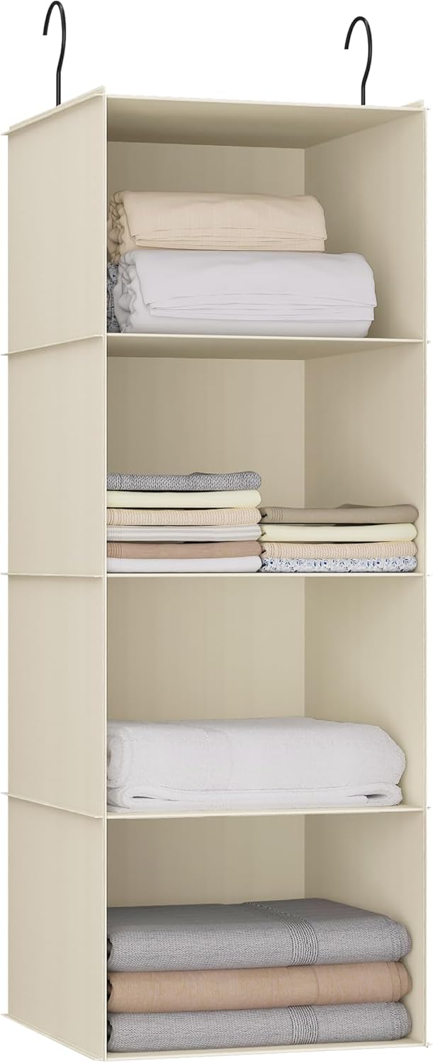 Hanging Closet Organizer, Easy Mount Foldable 4-Shelf Hanging Closet Wardrobe Storage Shelves, Clothes Handbag Shoes Accessories Storage, Washable Oxford Cloth Fabric, Beige