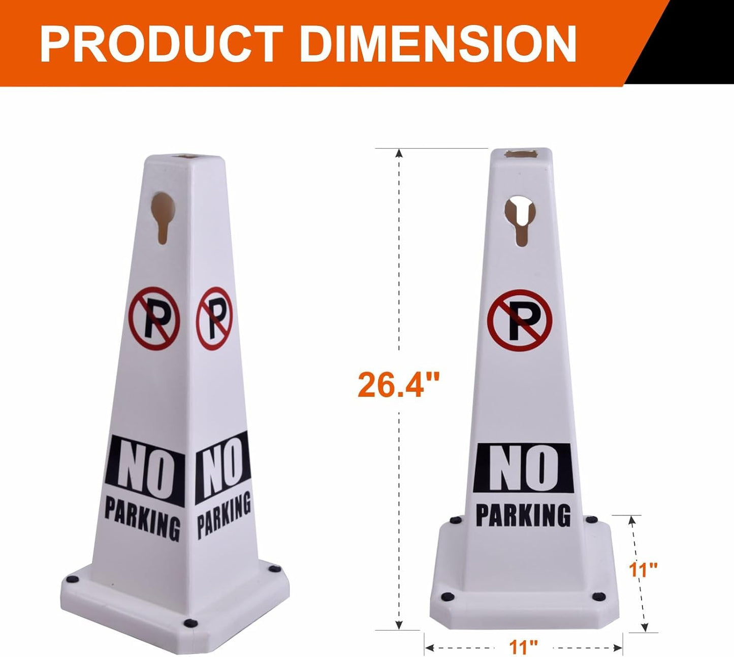 8-Pack 26.5" Caution Cones, 4-Sided Visible Safety Signs with Heavy Rubber Base, Warning for Slip & Fall Prevention, Indoor/Outdoor Use (White, 8Pcs-No Parking)