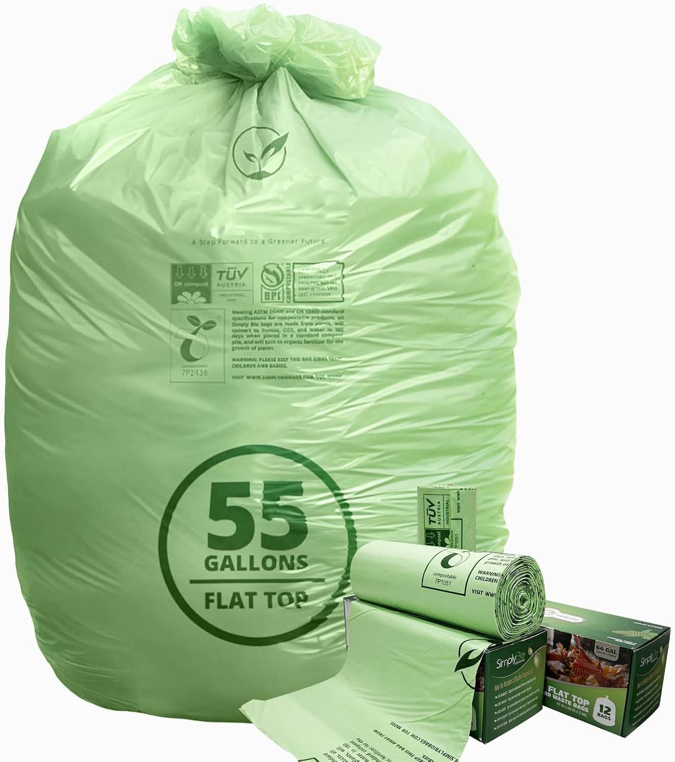 50-55 Gallon Compostable Trash Bags with Flat-Top, Heavy Duty Extra Thick 1.57 Mil, 208.2 Liter, 12 Bags, Large Lawn and Yard Waste Bag, ASTM D6400, US BPI and OK Compost Home Certified
