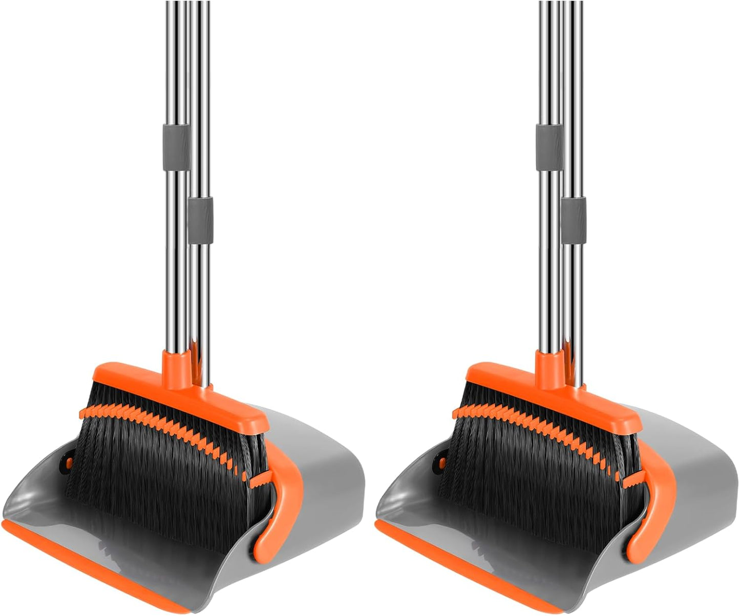 NACENA Broom and Dustpan Set, 52-in Long Adjustable Handle Broom Dustpan Combo with Dustpan Teeth to Automatically Clean Hair Suitable for Home Kitchen Office Hall Floor (Grey&Orange), 2 Pack