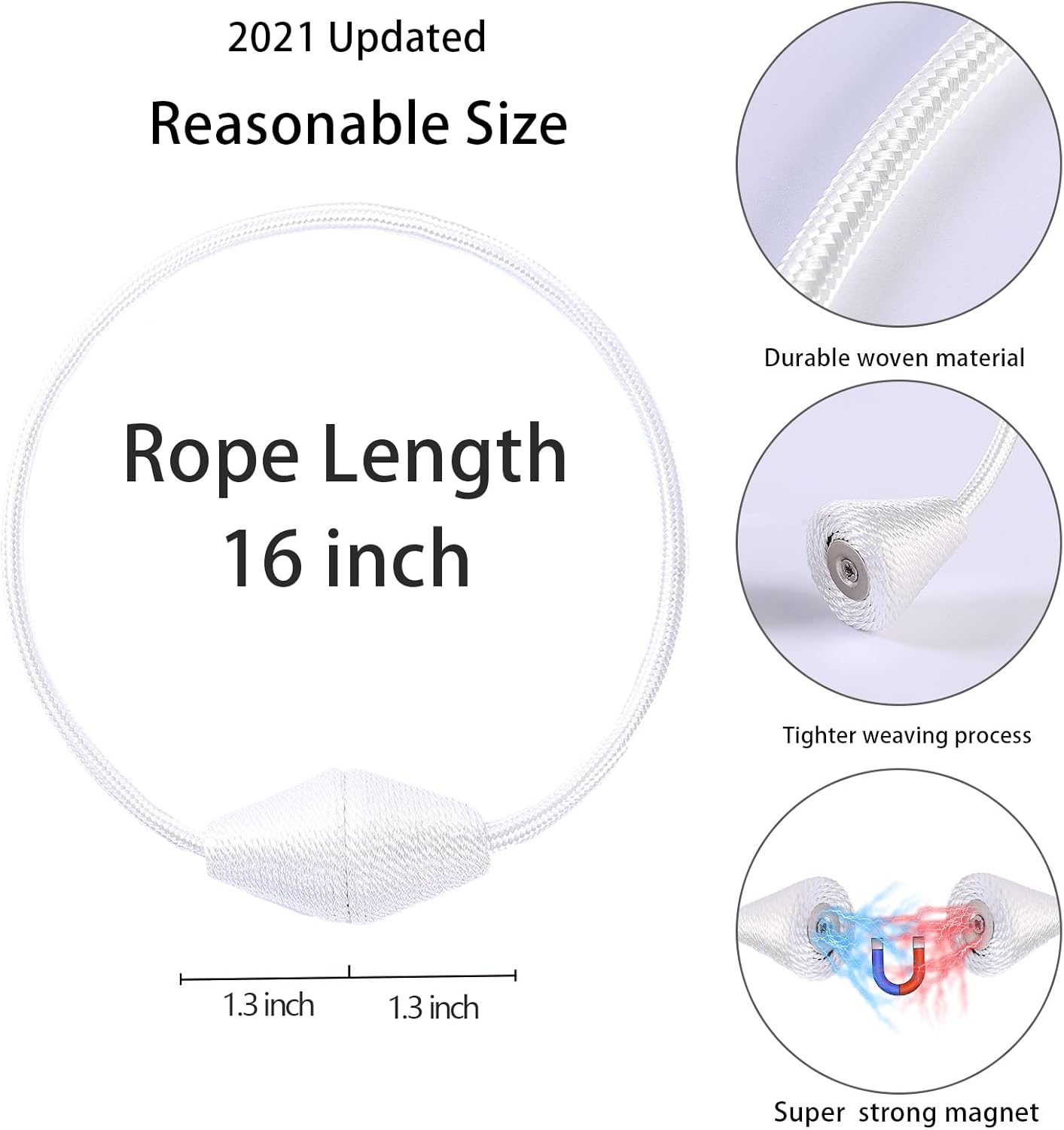 2 PCS Magnetic Curtain Tiebacks, European Style Convenient Drape Tie Backs Holdbacks for Thin or Thick Home & Office Window Draperies, No Tools Required-Wite