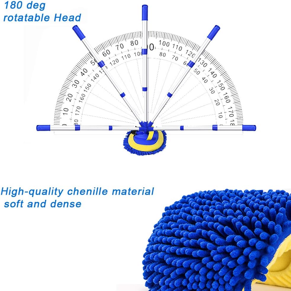 47" Car Wash Brush Kit Mitt Mop Sponge with Long Handle Chenille Microfiber Car Cleaning Brush Kit Duster Washing Car Tools Accessories, 1 Chenille Scratch-Free Replacement Head Aluminum Alloy Pole