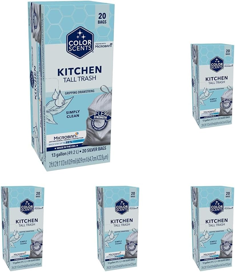 Color Scents Tall Kitchen Trash Bags - 13 Gallon, 20 Bags (5 Pack of 20 Count), Drawstring - Silver Bag in Simply Clean Scent with Microban