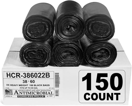 Aluf Plastics High Density Trash Bags, 60 Gallon, 150 Count, 22 Micron (eq), 38" x 60", Black, for Bathroom, Office, Industrial, Commercial, Janitorial, Municipal, Recycling