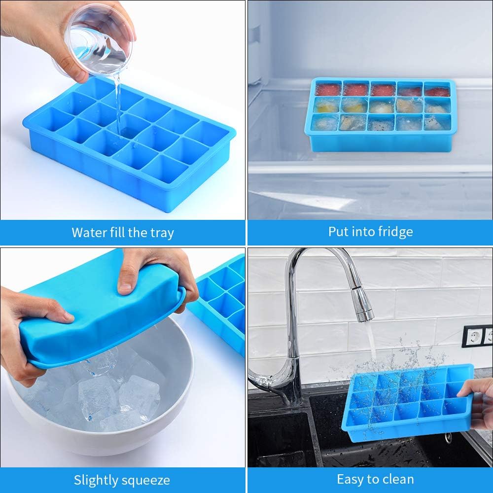 2 Pack Ice Cube Trays, ZDPMK Silicone Easy Release Flexible Molds 15 Ice Cubes Tray for Freezer，Cocktail，Whiskey，Reusable & BPA Free