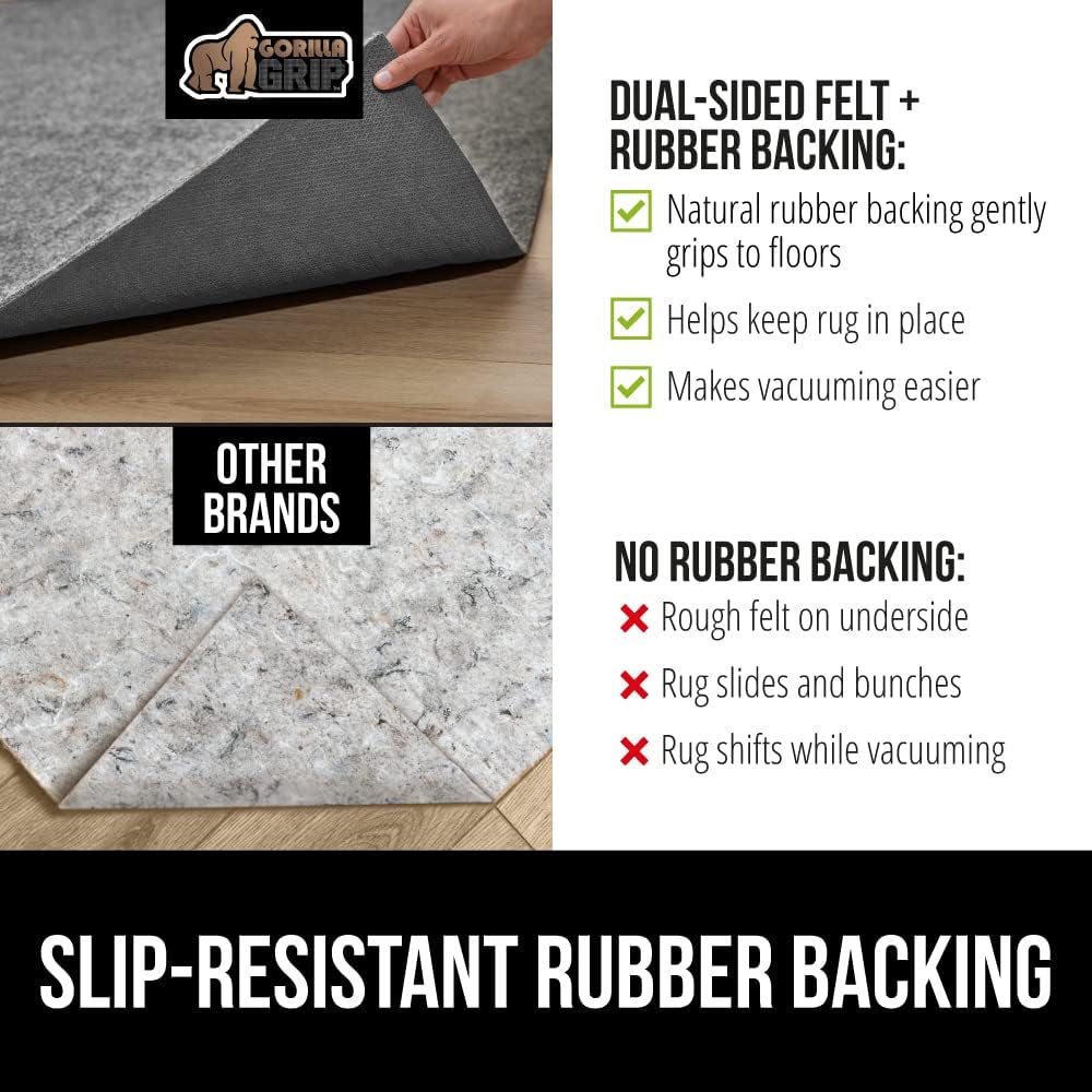 GORILLA GRIP Felt and Natural Rubber Stay in Place Slip Resistant Rug Pad, 1/4in Thick, 4x6 FT Protective Padding Under Area Rugs, Cushioned Gripper Pads, Carpet Runners, Hardwood Floors Protection