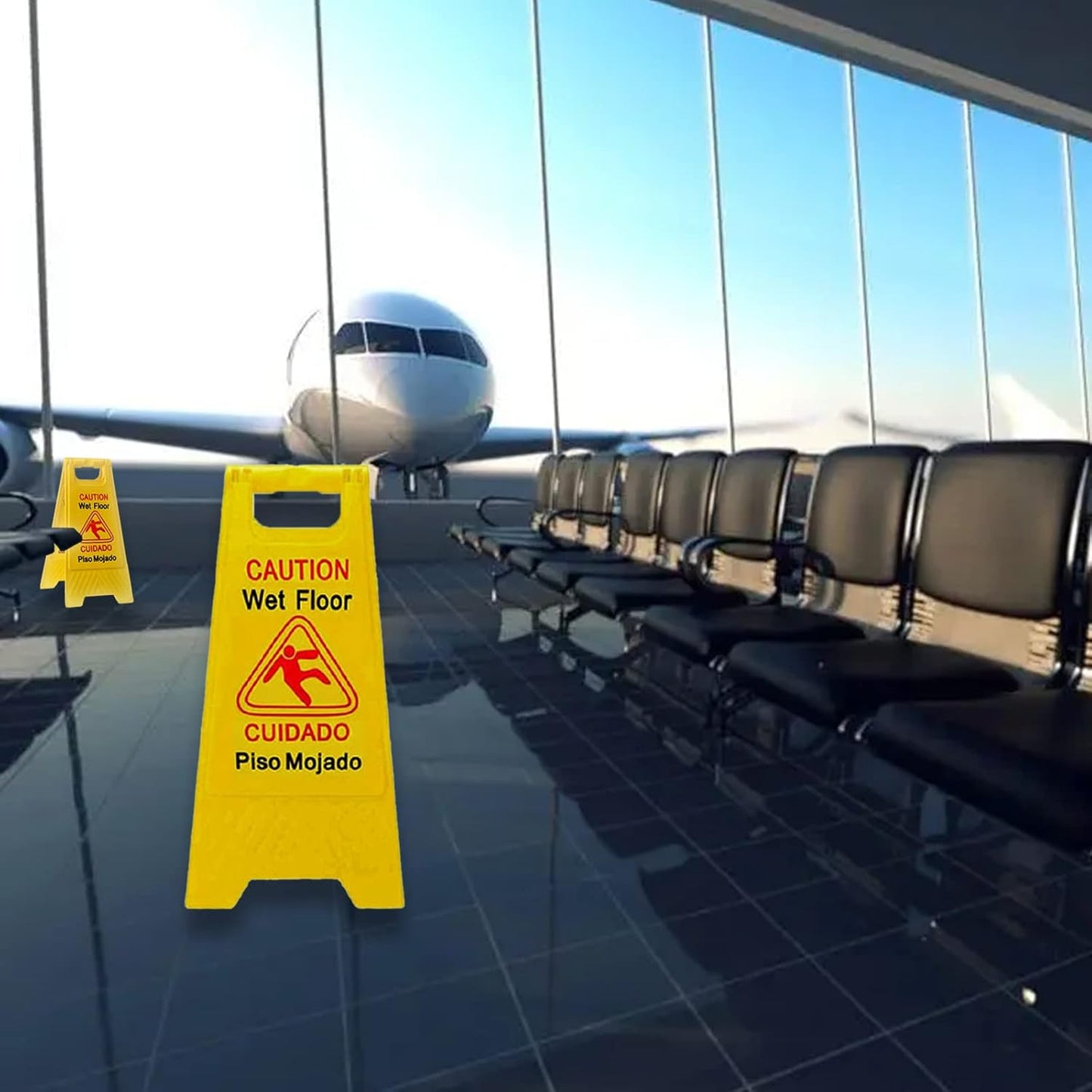 6-Pack Caution Wet Floor Signs | Foldable Sturdy Double-Sided Bilingual Saftey Warning Signs | Cuadado Piso Mojado| Avoid Fall & Slip Accident | Bright Yellow