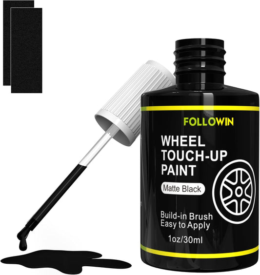 FOLLOWIN Matte Black Rim Touch Up Paint for Cars,Car Wheel Rim Paint Repair Kit,Automotive Rim Scratch Repair 1OZ/30ml