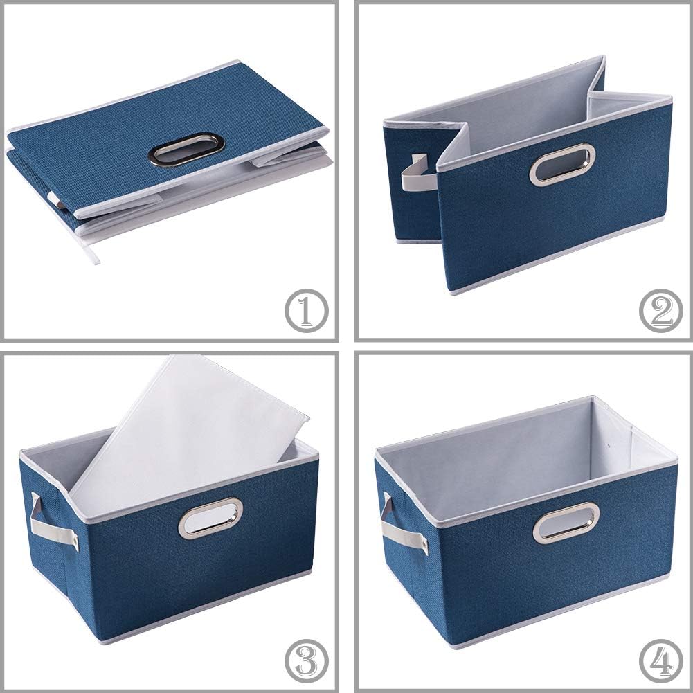 PRANDOM Large Collapsible Storage Baskets for Closet [3-pack] Decorative Fabric Storage Bins Cubes with Leather/Metal Handles for Shelves Bedroom Living Room Royal Blue (14.9x9.8x8.3 Inch)