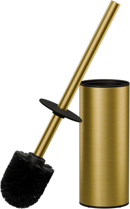 FORIOUS Toilet Brush and Holder Set, 304 Stainless Steel Long Handle and Heavy Duty Base for Bathroom Deep Cleaning, Drip-Proof, Space Saving for Storage, 2 Toilet Bowl Brush Head, Dark Gold