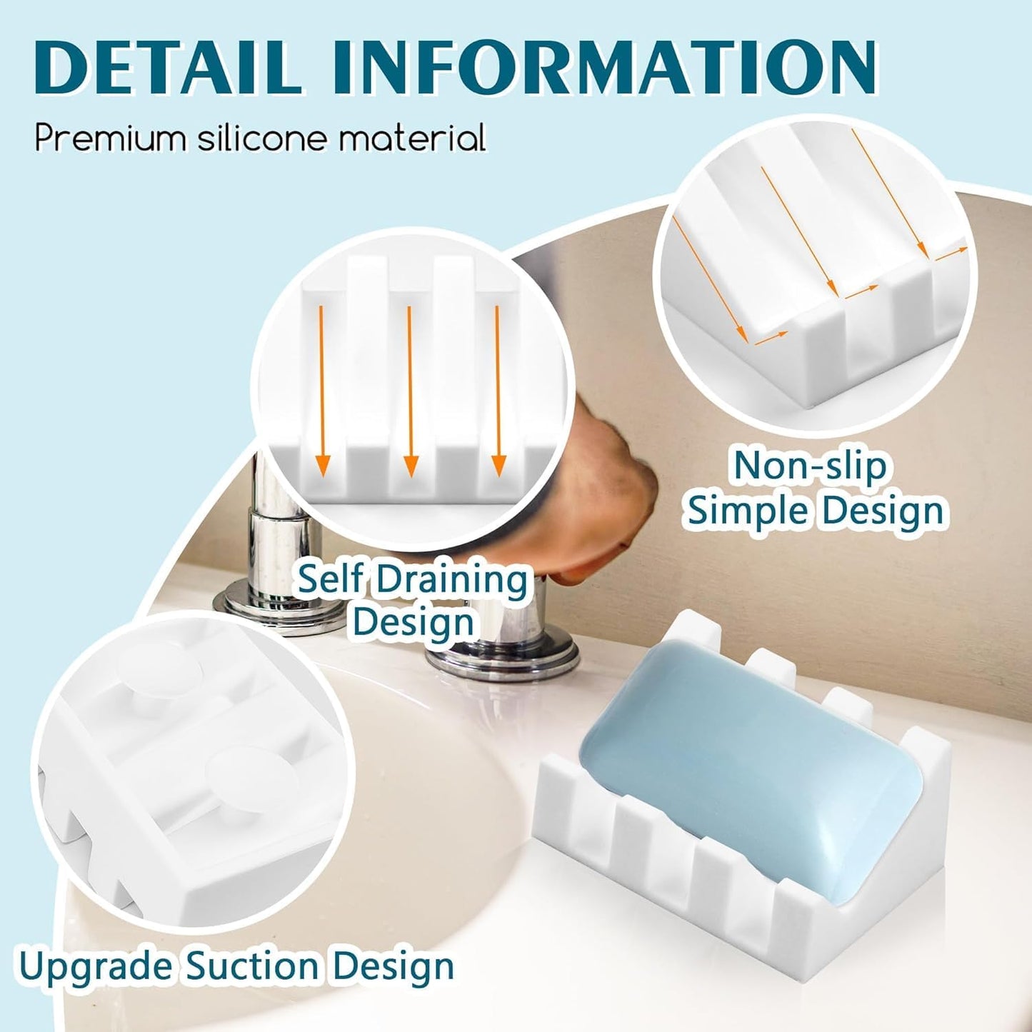 Silicone Soap Dish for Bar Soap Holder for Shower Bathroom Self Draining Waterfall Drying Tray Keep Soap Bars Dry Clean & Easy Cleaning (White, 2)