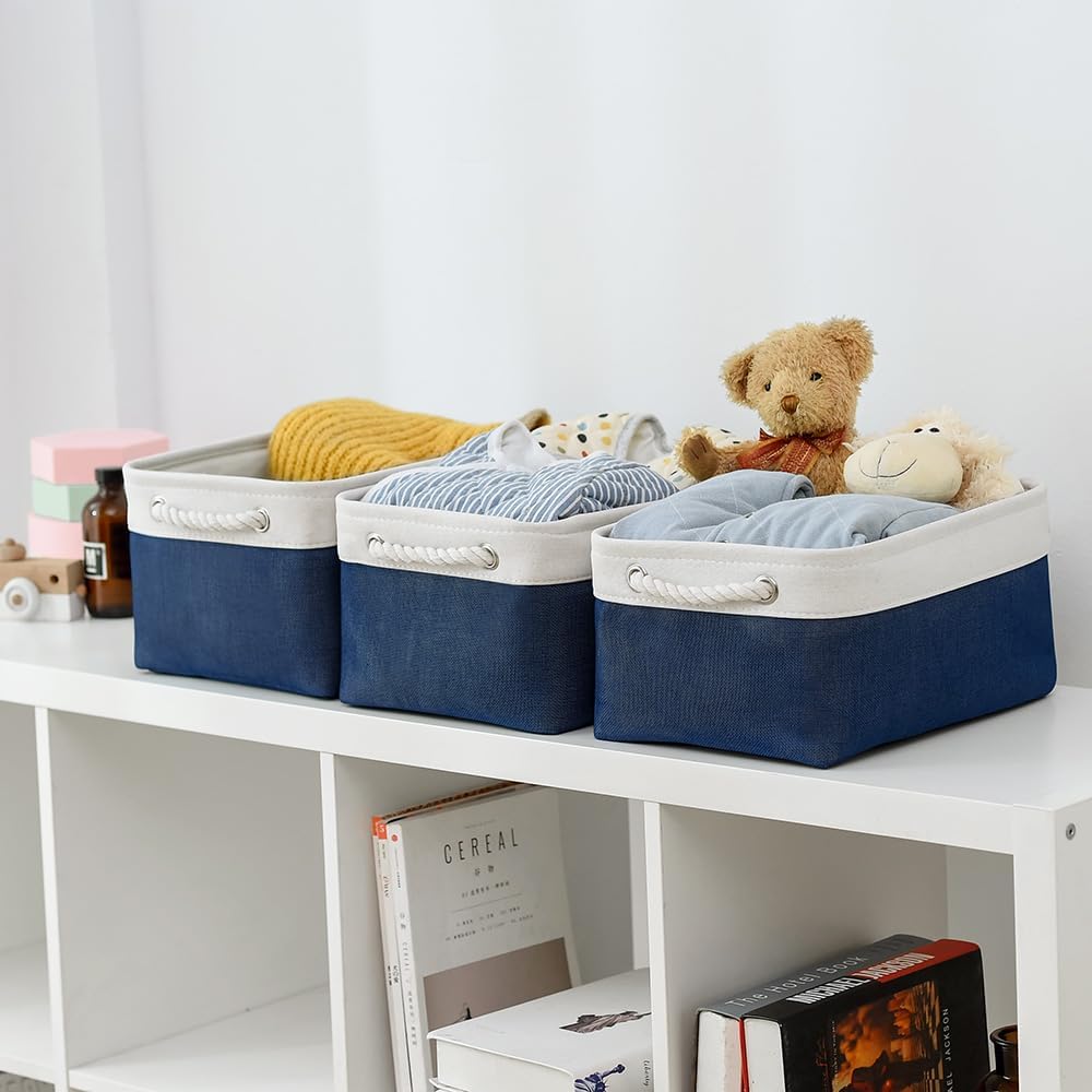 TheWarmHome Storage Basket for Organizing - Medium 3 Pack 14x10x7 inch Fabric Storage Cubes for Shelves with Rope, Collapsible Storage Bin for Organizer Closet Cloth Gift Toy (White & Jean Blue)