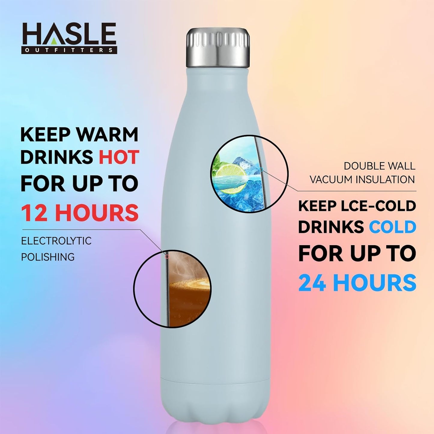 HASLE OUTFITTERS 17oz Stainless Steel Water Bottles Bulk, Vacuum Insulated Water Bottles Double Walled Reusable Metal Sports Water Bottles Keep Drinks Hot and Cold, Light Blue, 8Packs