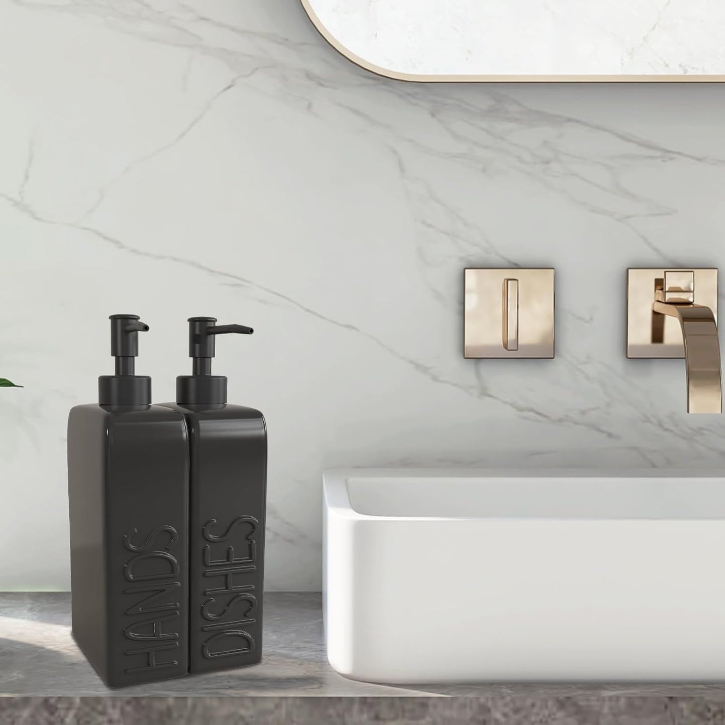 Ceramic Soap Dispenser Set, 2 Pack Kitchen Dispenser with Funnel, Non-Slip Silicone Pads, Liquid Hand and Dish Soap for Kitchen, Bathroom, Matte Black